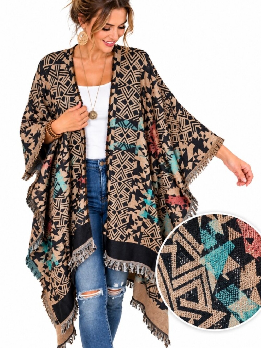 Bay Sky Women’s Poncho One Size Geometric Multicolor Fringe Kimono Cardigan Boho